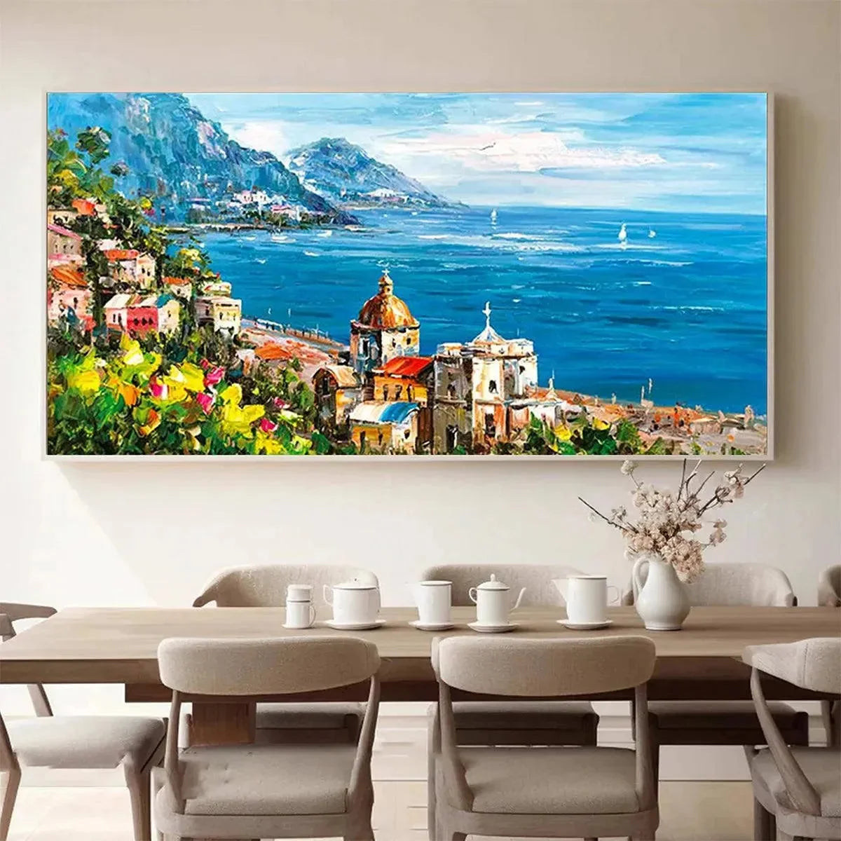 COASTAL MEDITERRANEAN TOWN: Vibrant Coastal Landscape Painting, Panoramic Wall Art | Landscape closeup, raised brushwork detail