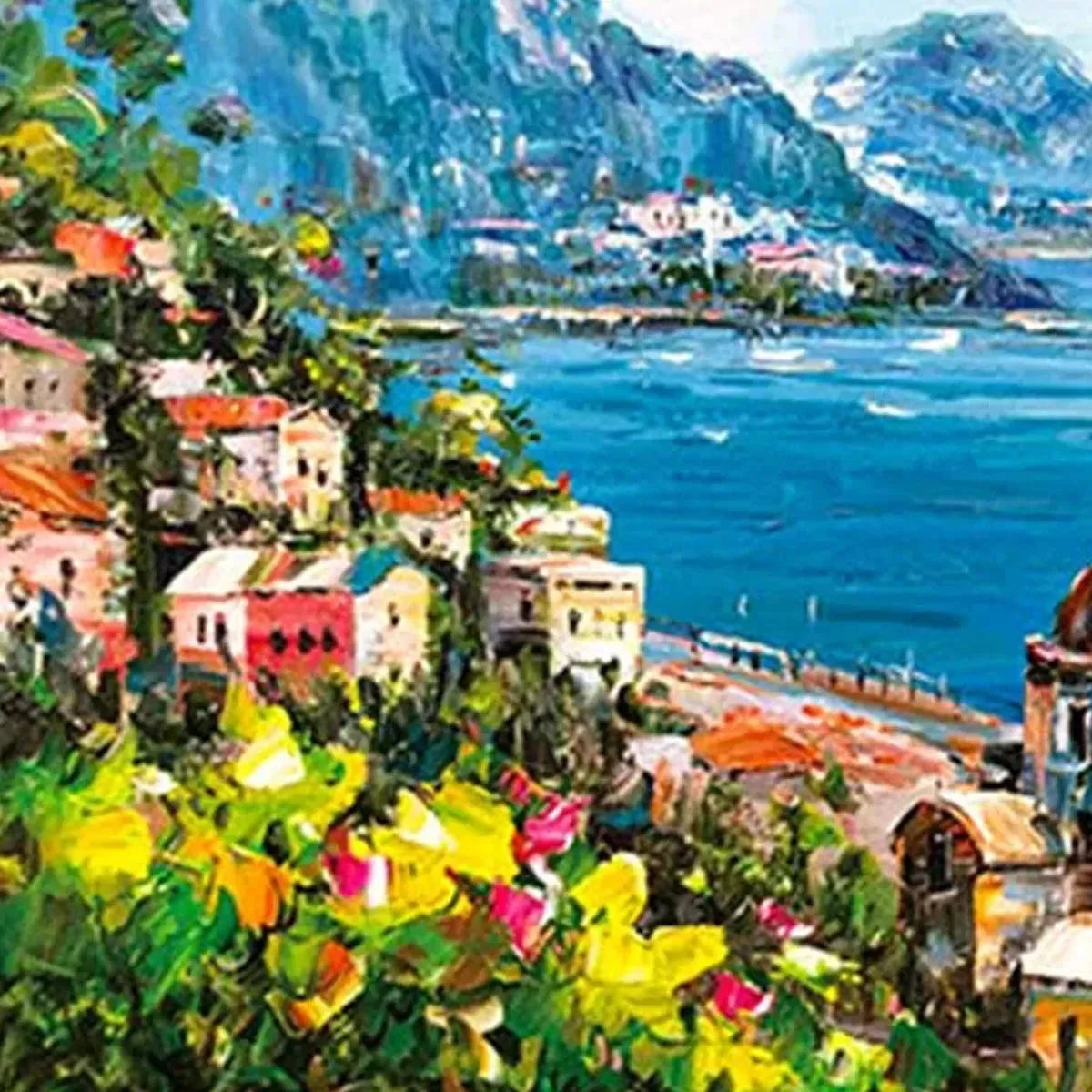 COASTAL MEDITERRANEAN TOWN: Vibrant Coastal Landscape Painting, Panoramic Wall Art | rectangular format, hand-painted canvas edge