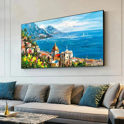COASTAL MEDITERRANEAN TOWN: Vibrant Coastal Landscape Painting, Panoramic Wall Art | gold frame stretched on neutral wall