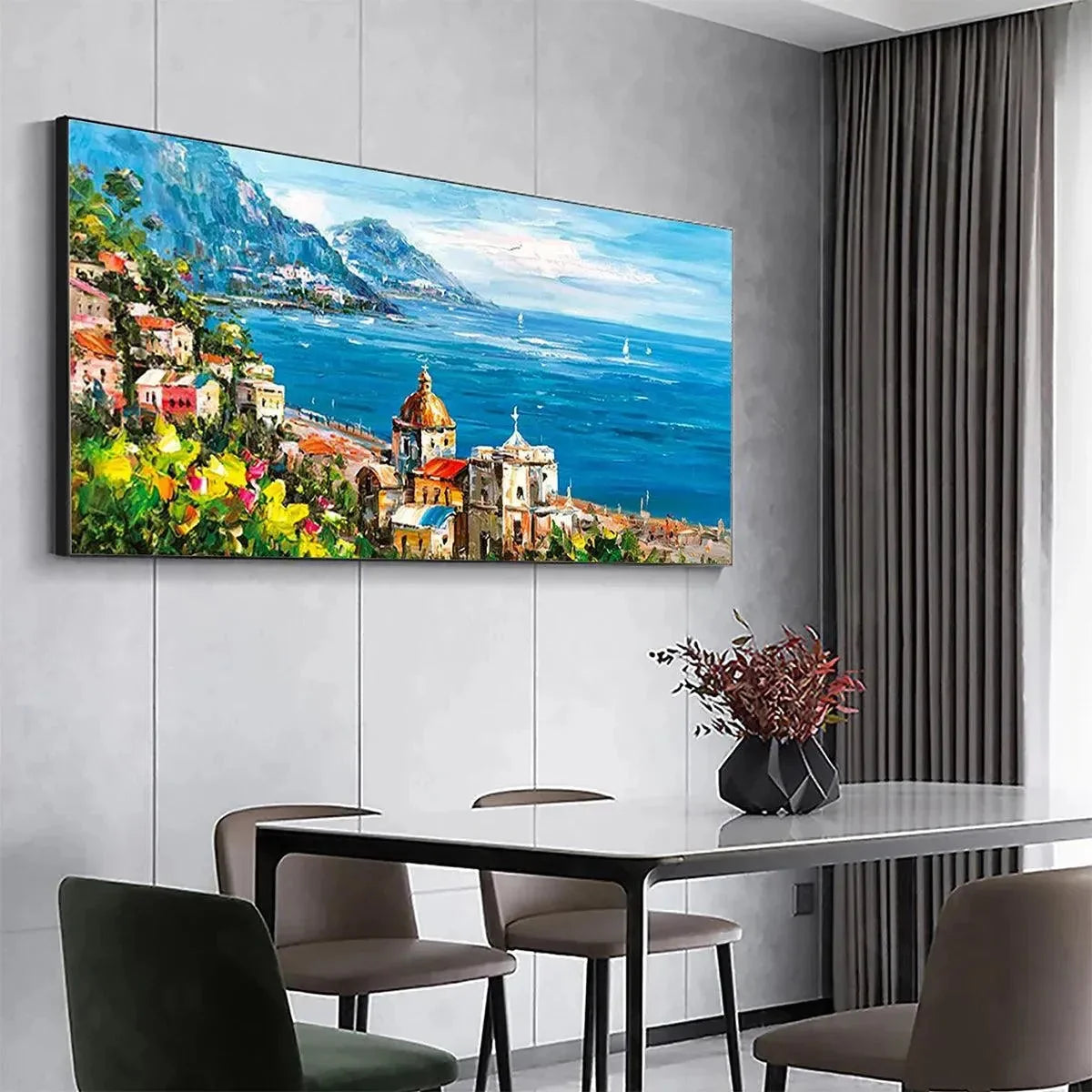 COASTAL MEDITERRANEAN TOWN: Vibrant Coastal Landscape Painting, Panoramic Wall Art | rolled canvas, ready for custom framing