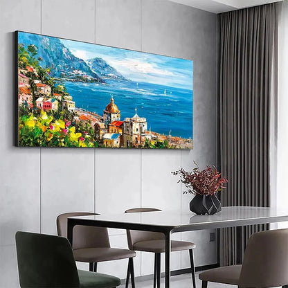 COASTAL MEDITERRANEAN TOWN: Vibrant Coastal Landscape Painting, Panoramic Wall Art | rolled canvas, ready for custom framing