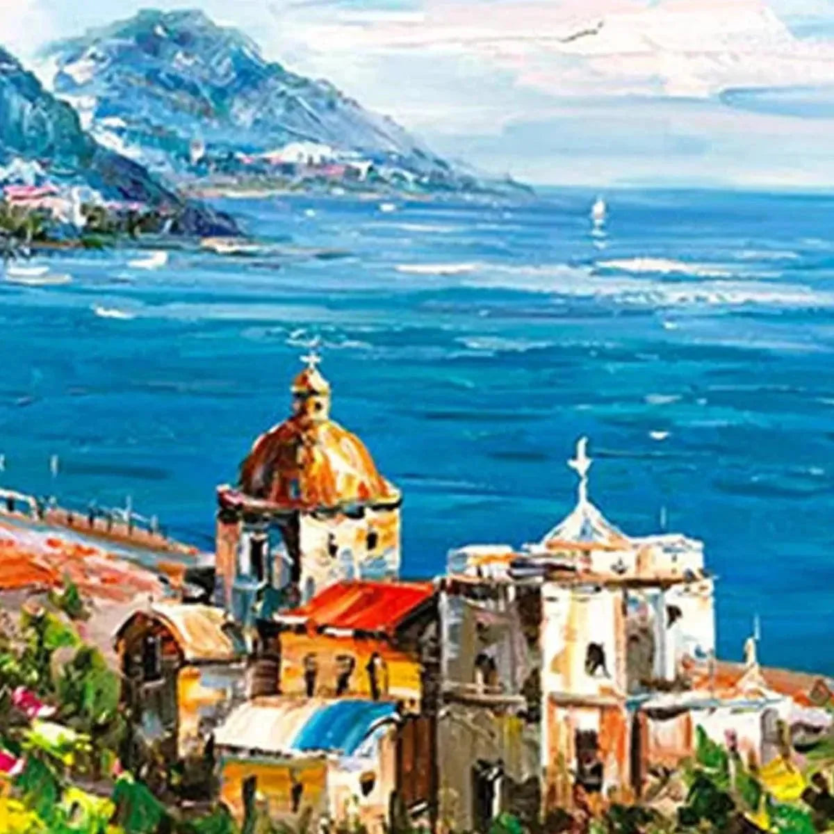 COASTAL MEDITERRANEAN TOWN: Vibrant Coastal Landscape Painting, Panoramic Wall Art | black frame version on white wall