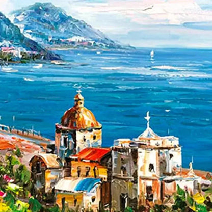 COASTAL MEDITERRANEAN TOWN: Vibrant Coastal Landscape Painting, Panoramic Wall Art | black frame version on white wall