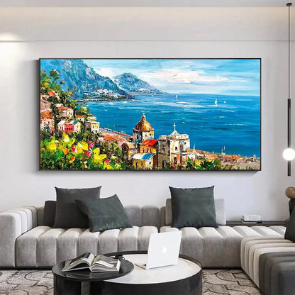 COASTAL MEDITERRANEAN TOWN: Vibrant Coastal Landscape Painting, Panoramic Wall Art | Landscape mood, soft natural light studio shot