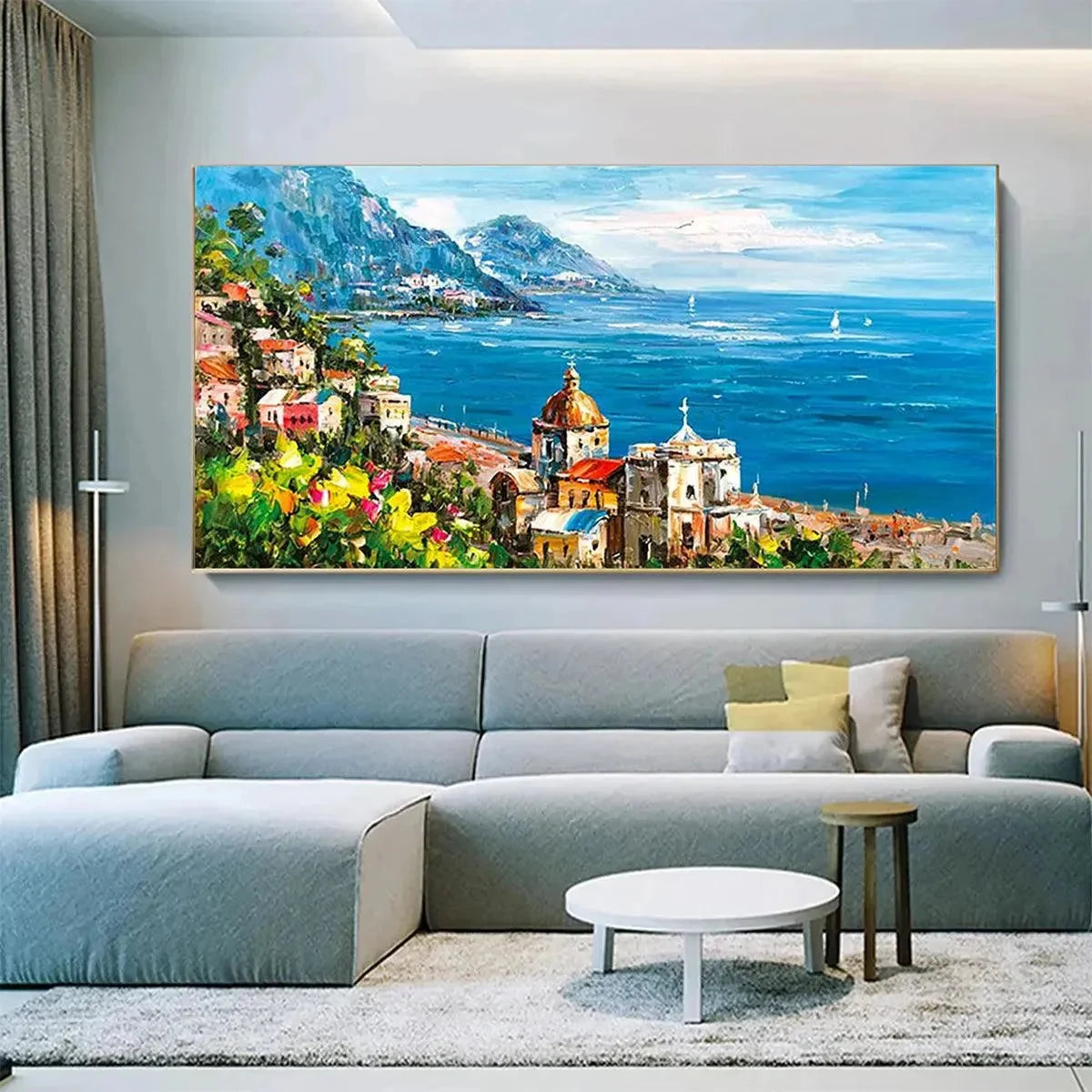 COASTAL MEDITERRANEAN TOWN: Vibrant Coastal Landscape Painting, Panoramic Wall Art | beige palette, original Hand-painted on premium stretched canvas using artist-grade oils; rich layered surface c...