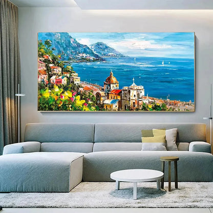 COASTAL MEDITERRANEAN TOWN: Vibrant Coastal Landscape Painting, Panoramic Wall Art | beige palette, original Hand-painted on premium stretched canvas using artist-grade oils; rich layered surface c...