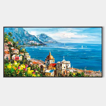 COASTAL MEDITERRANEAN TOWN: Vibrant Coastal Landscape Painting, Panoramic Wall Art | hanging in COASTAL MEDITERRANEAN TOWN: Vibrant Coastal Landscape Painting, Panoramic Wall Art featuring layered ...