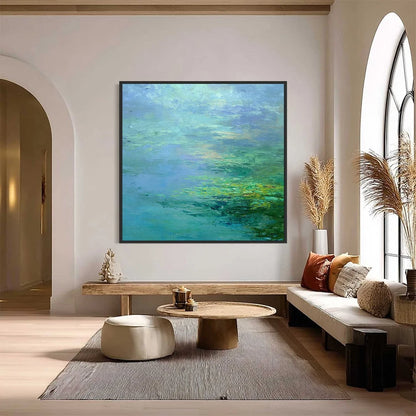 COASTAL MIST: Textured Abstract Wabi Sabi Seascape Painting | Abstract closeup, raised brushwork detail