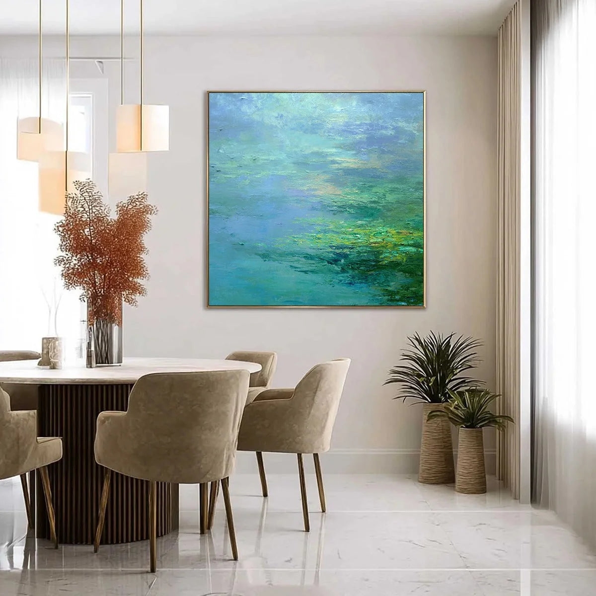 COASTAL MIST: Textured Abstract Wabi Sabi Seascape Painting | gold frame stretched on neutral wall