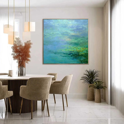 COASTAL MIST: Textured Abstract Wabi Sabi Seascape Painting | gold frame stretched on neutral wall