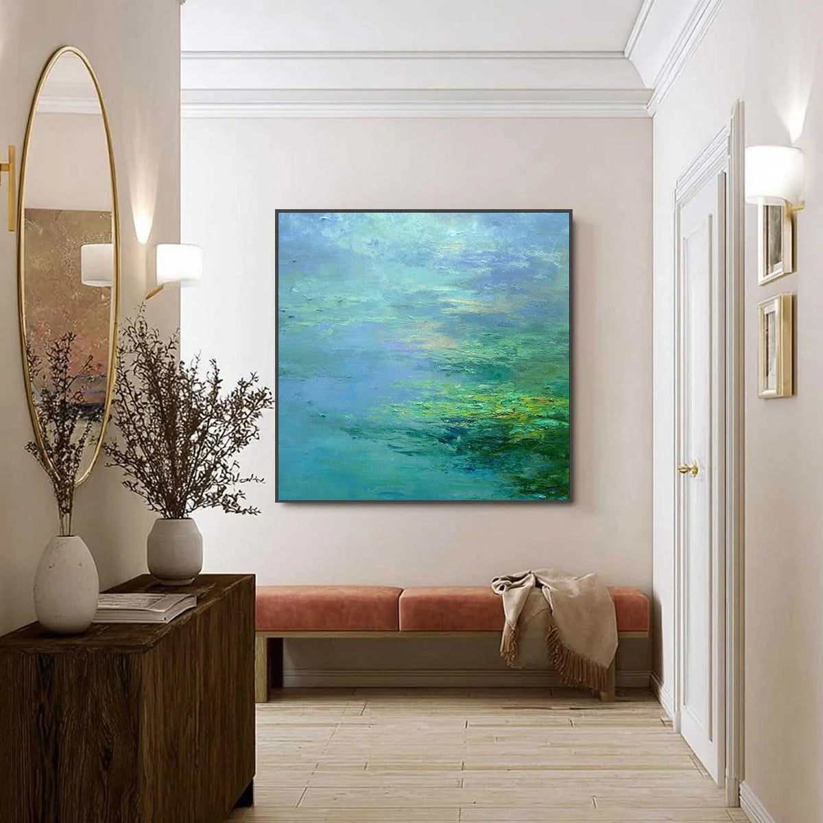 COASTAL MIST: Textured Abstract Wabi Sabi Seascape Painting | black frame version on white wall