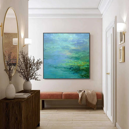 COASTAL MIST: Textured Abstract Wabi Sabi Seascape Painting | black frame version on white wall