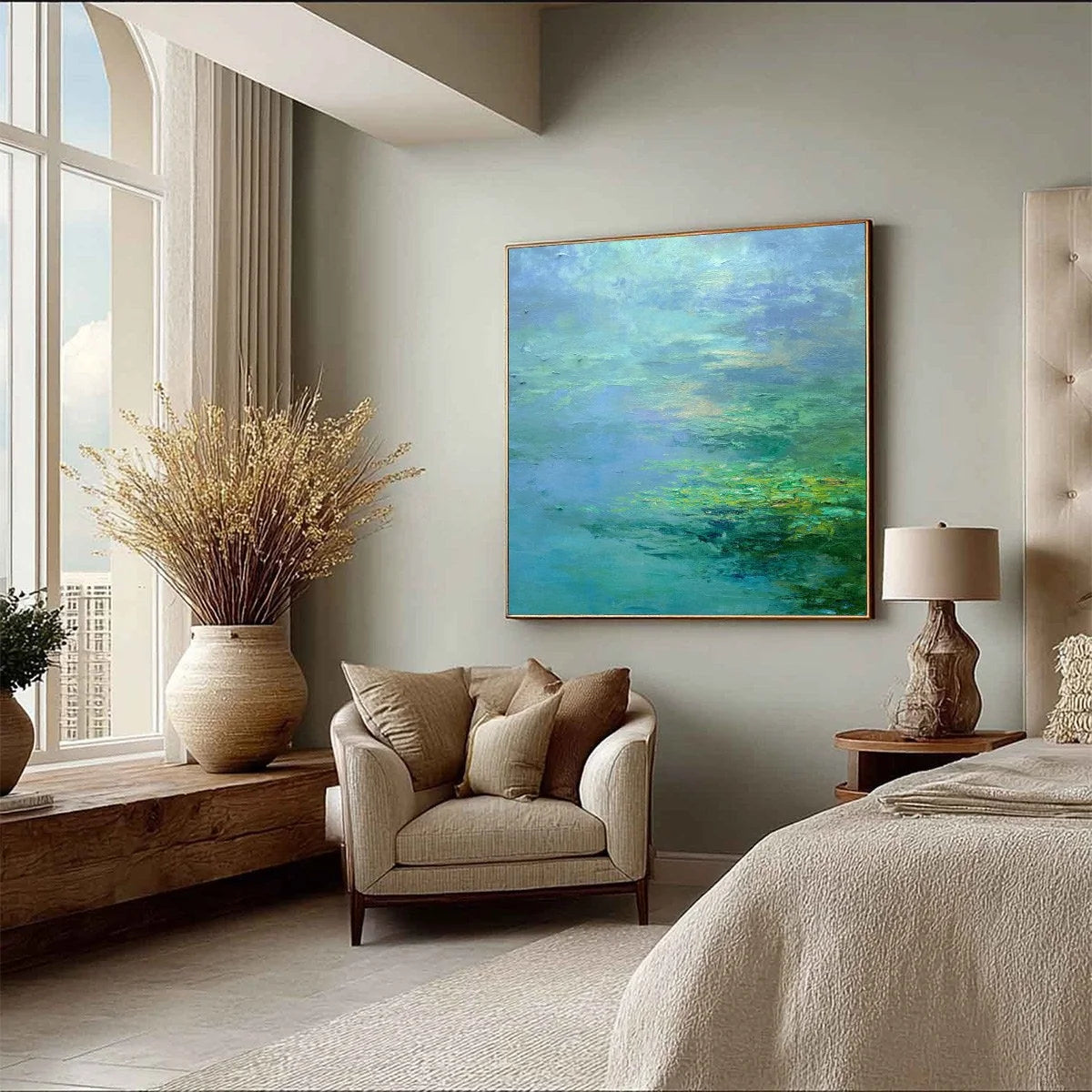 COASTAL MIST: Textured Abstract Wabi Sabi Seascape Painting | beige palette, original Hand-painted on premium stretched canvas using artist-grade oils; rich layered surface combines smooth gradient...