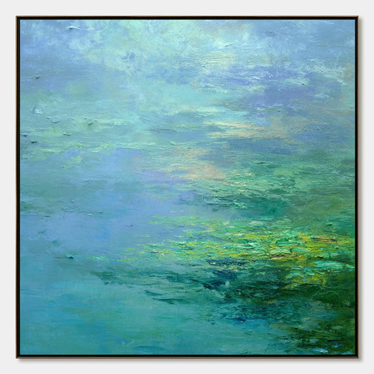 COASTAL MIST: Textured Abstract Wabi Sabi Seascape Painting | hanging in COASTAL MIST: Textured Abstract Wabi Sabi Seascape Painting featuring layered textured brushwork in refined tones; abstract ...