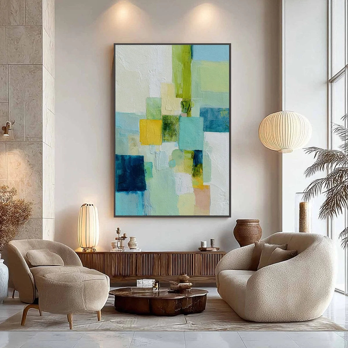 COASTAL MOSAIC: Textured Abstract Color Block Painting | gold frame stretched on neutral wall