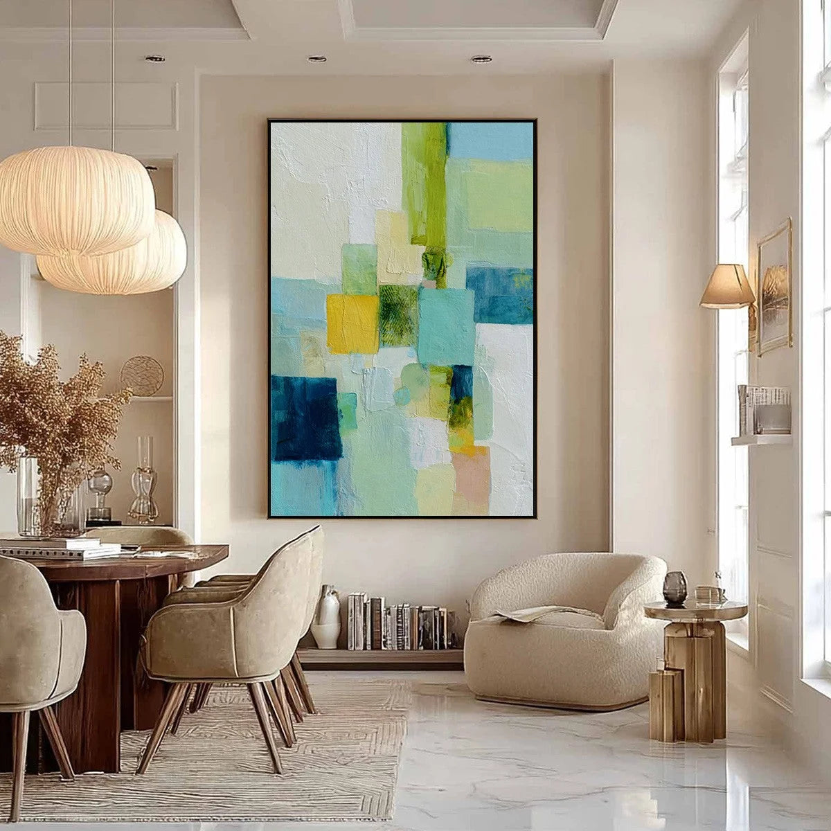 COASTAL MOSAIC: Textured Abstract Color Block Painting | black frame version on white wall