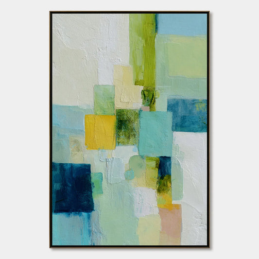 COASTAL MOSAIC: Textured Abstract Color Block Painting | hanging in COASTAL MOSAIC: Textured Abstract Color Block Painting featuring layered textured brushwork in refined tones; abstract compositio...