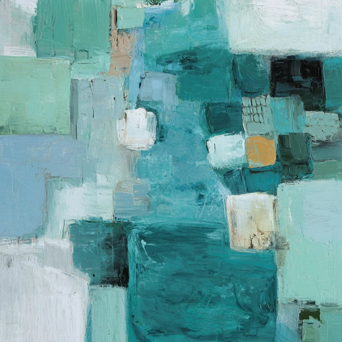 COASTAL MOSAIC: Textured Abstract Painting in Teal and Blue | rectangular format, hand-painted canvas edge