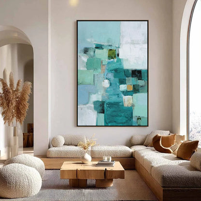 COASTAL MOSAIC: Textured Abstract Painting in Teal and Blue | gold frame stretched on neutral wall