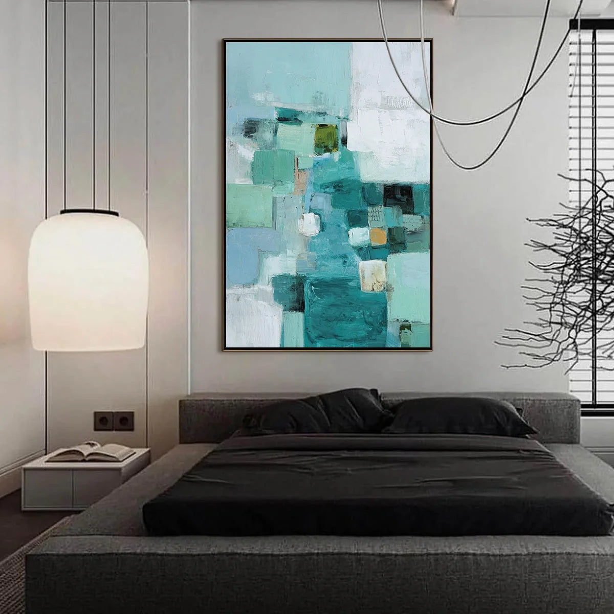 COASTAL MOSAIC: Textured Abstract Painting in Teal and Blue | black frame version on white wall