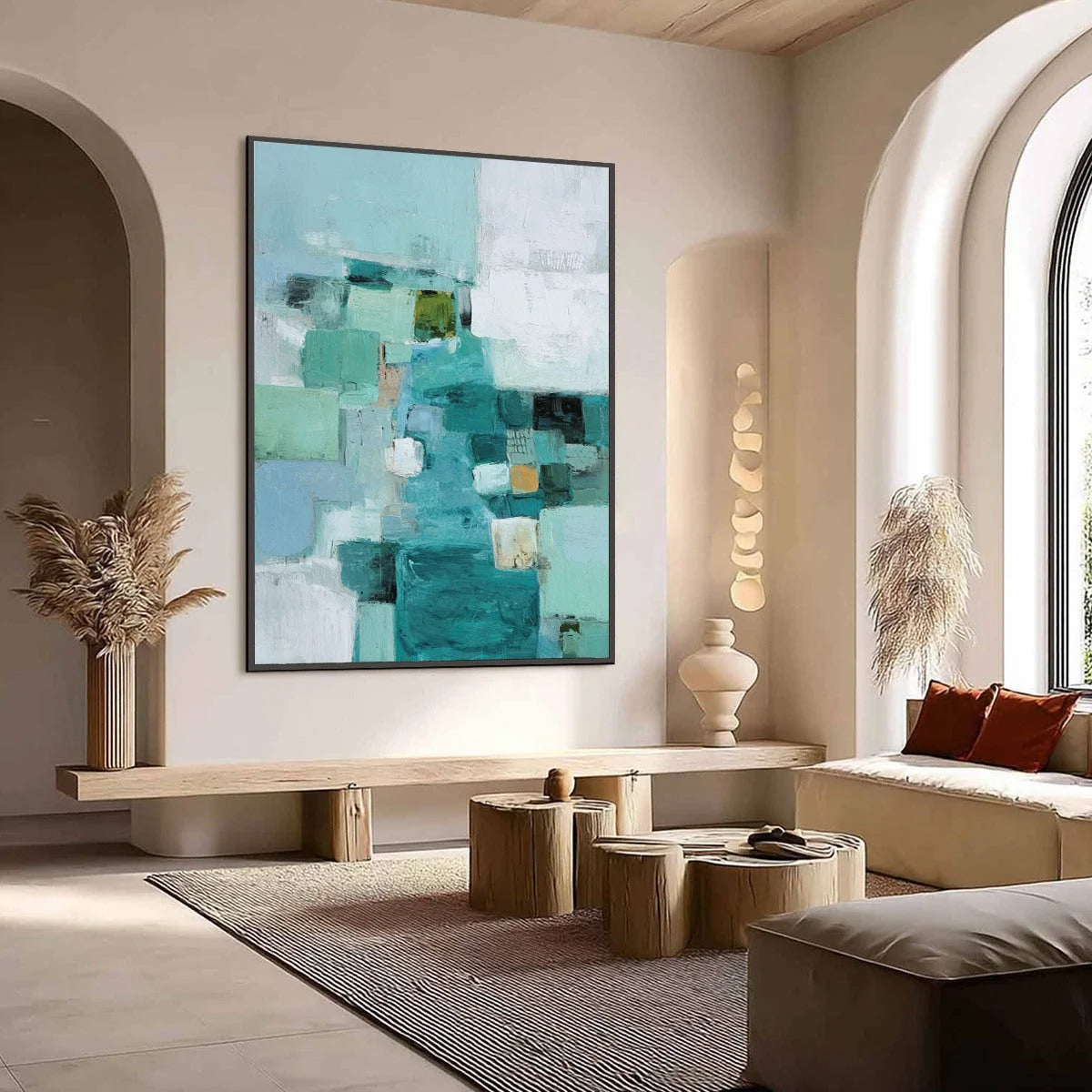 COASTAL MOSAIC: Textured Abstract Painting in Teal and Blue | Abstract mood, soft natural light studio shot
