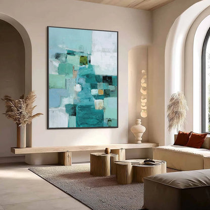 COASTAL MOSAIC: Textured Abstract Painting in Teal and Blue | Abstract mood, soft natural light studio shot