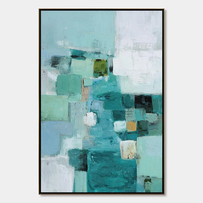 COASTAL MOSAIC: Textured Abstract Painting in Teal and Blue | hanging in COASTAL MOSAIC: Textured Abstract Painting in Teal and Blue featuring layered textured brushwork in refined tones; abstract ...