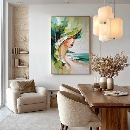 COASTAL MUSE: Textured Impasto Portrait Painting of a Woman by the Sea | gold frame stretched on neutral wall