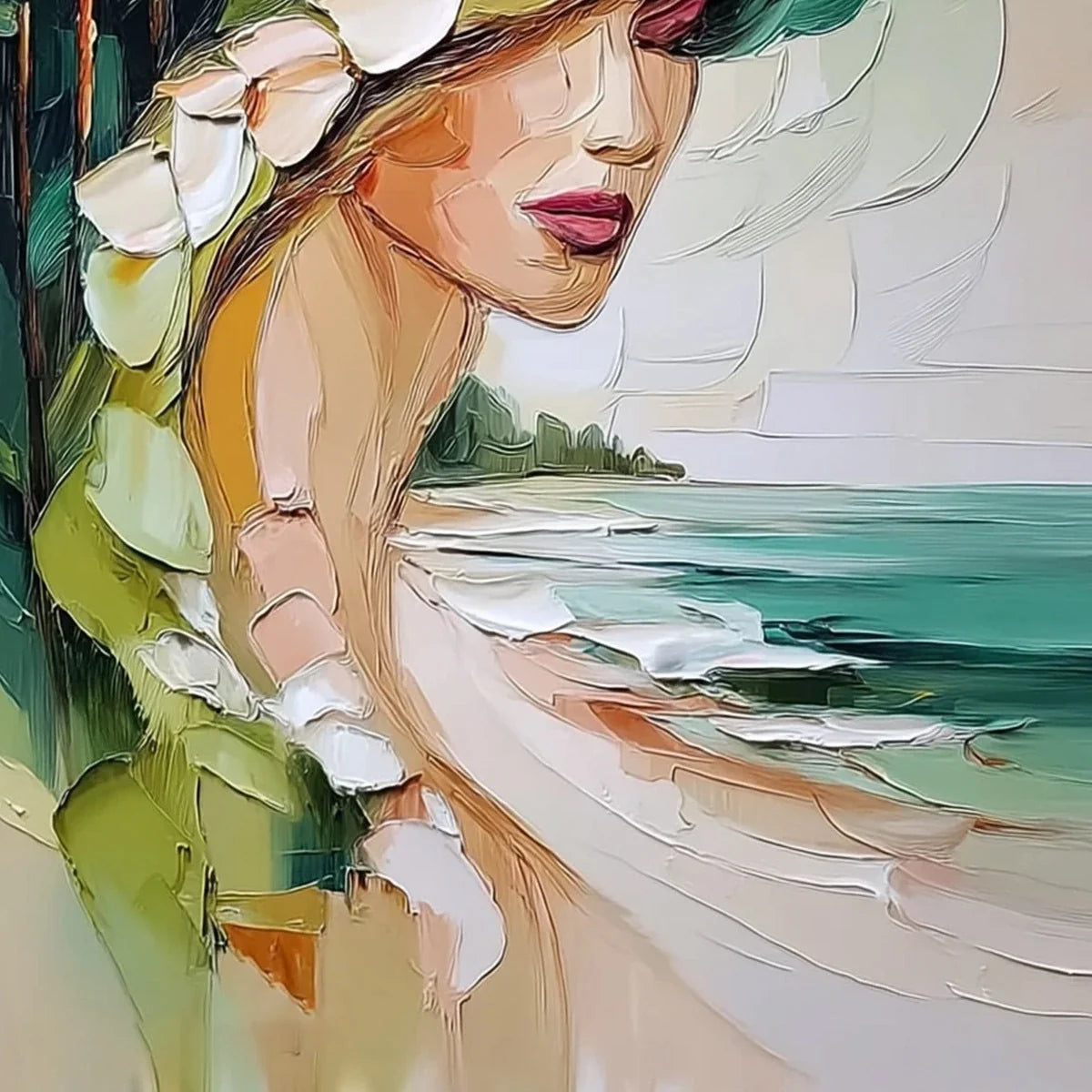 COASTAL MUSE: Textured Impasto Portrait Painting of a Woman by the Sea | rolled canvas, ready for custom framing