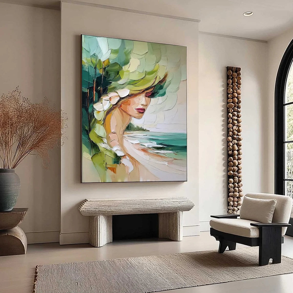COASTAL MUSE: Textured Impasto Portrait Painting of a Woman by the Sea | beige palette, original Hand-painted on premium stretched canvas using artist-grade oils; rich layered surface combines smoo...