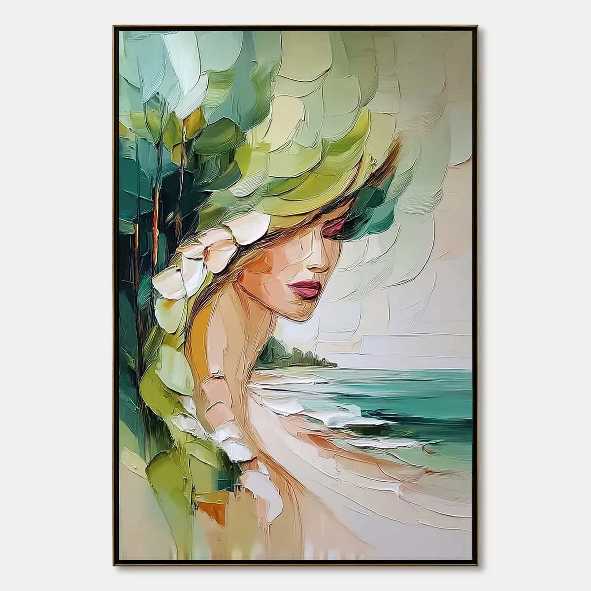 COASTAL MUSE: Textured Impasto Portrait Painting of a Woman by the Sea | hanging in COASTAL MUSE: Textured Impasto Portrait Painting of a Woman by the Sea featuring layered textured brushwork in re...