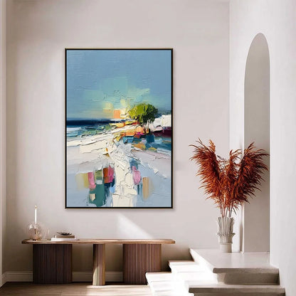 COASTAL PATH: Textured Palette Knife Abstract Seascape Painting | gold frame stretched on neutral wall