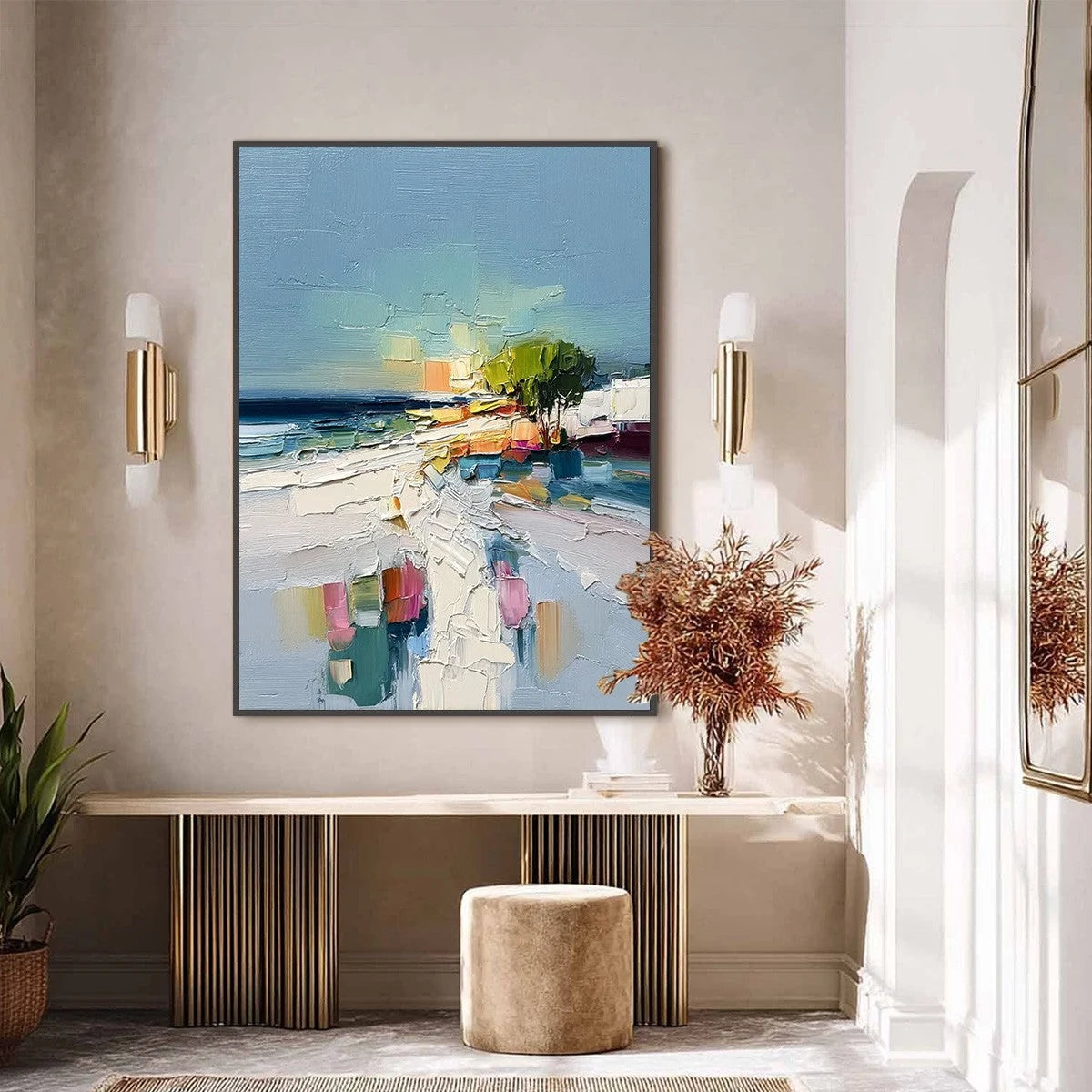COASTAL PATH: Textured Palette Knife Abstract Seascape Painting | black frame version on white wall
