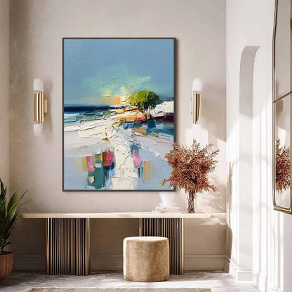 COASTAL PATH: Textured Palette Knife Abstract Seascape Painting | black frame version on white wall