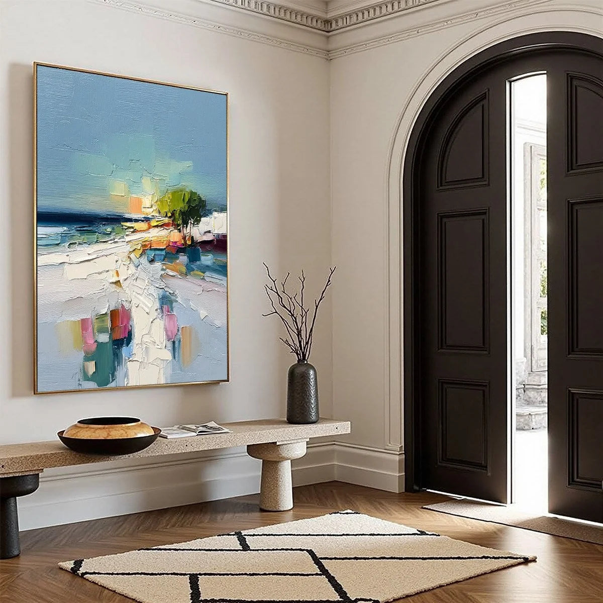 COASTAL PATH: Textured Palette Knife Abstract Seascape Painting | beige palette, original Hand-painted on premium stretched canvas using artist-grade oils; rich layered surface combines smooth grad...