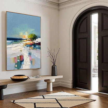 COASTAL PATH: Textured Palette Knife Abstract Seascape Painting | beige palette, original Hand-painted on premium stretched canvas using artist-grade oils; rich layered surface combines smooth grad...