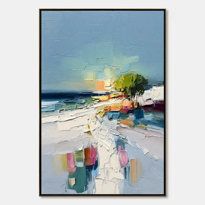 COASTAL PATH: Textured Palette Knife Abstract Seascape Painting | hanging in COASTAL PATH: Textured Palette Knife Abstract Seascape Painting featuring layered textured brushwork in refined tones; a...