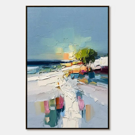 COASTAL PATH: Textured Palette Knife Abstract Seascape Painting | hanging in COASTAL PATH: Textured Palette Knife Abstract Seascape Painting featuring layered textured brushwork in refined tones; a...
