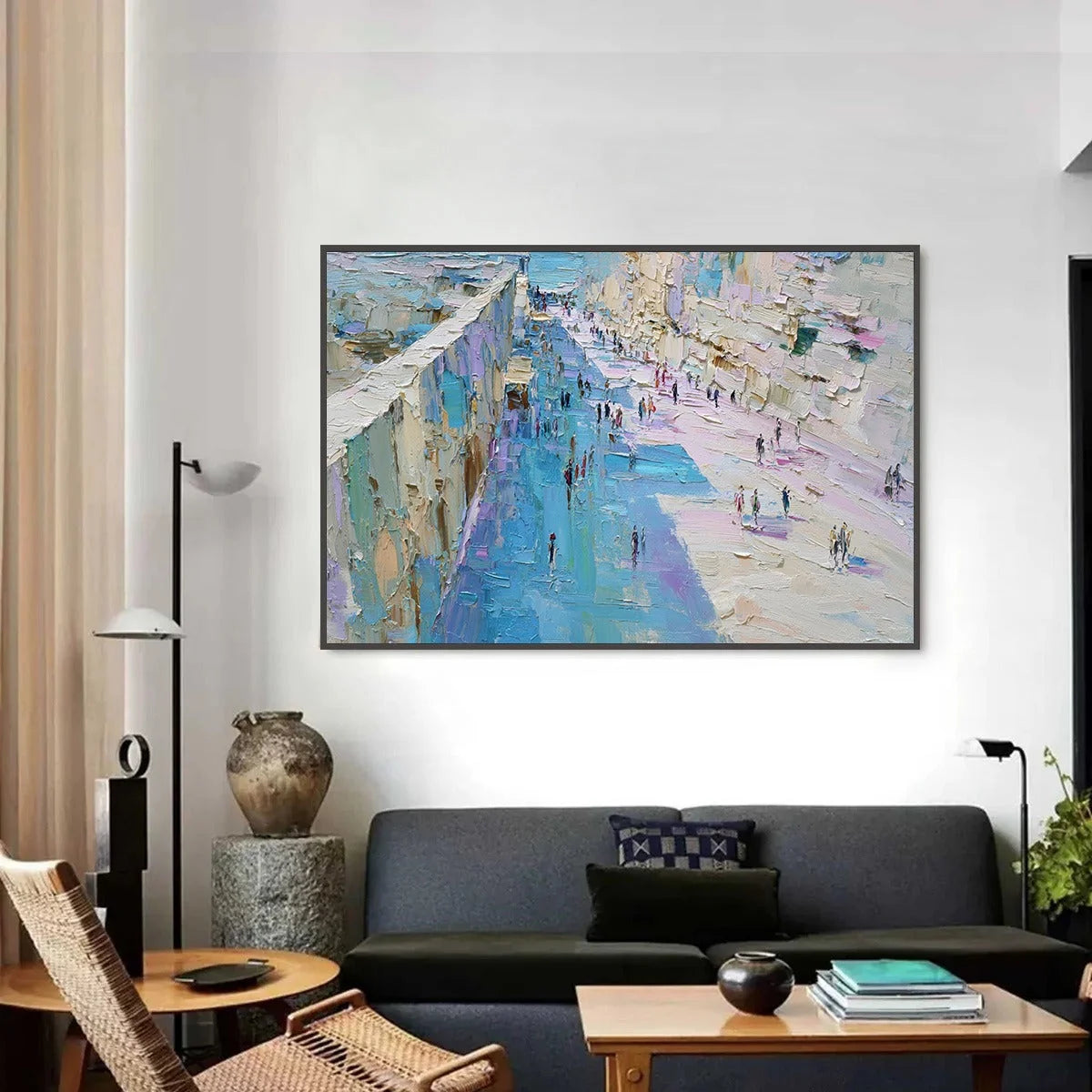 COASTAL PROMENADE: Textured Palette Knife Cityscape Painting of a Seaside Stroll | Abstract closeup, raised brushwork detail