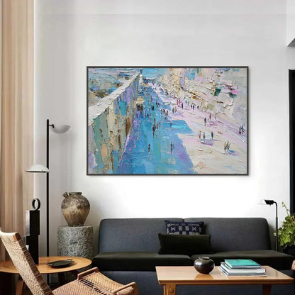 COASTAL PROMENADE: Textured Palette Knife Cityscape Painting of a Seaside Stroll | Abstract closeup, raised brushwork detail