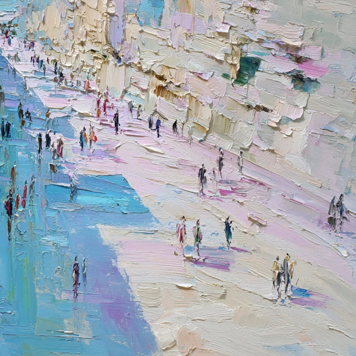 COASTAL PROMENADE: Textured Palette Knife Cityscape Painting of a Seaside Stroll | rectangular format, hand-painted canvas edge