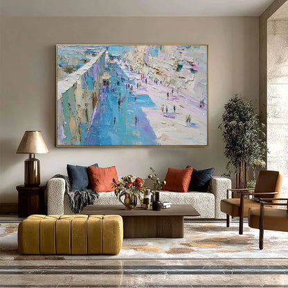COASTAL PROMENADE: Textured Palette Knife Cityscape Painting of a Seaside Stroll | gold frame stretched on neutral wall