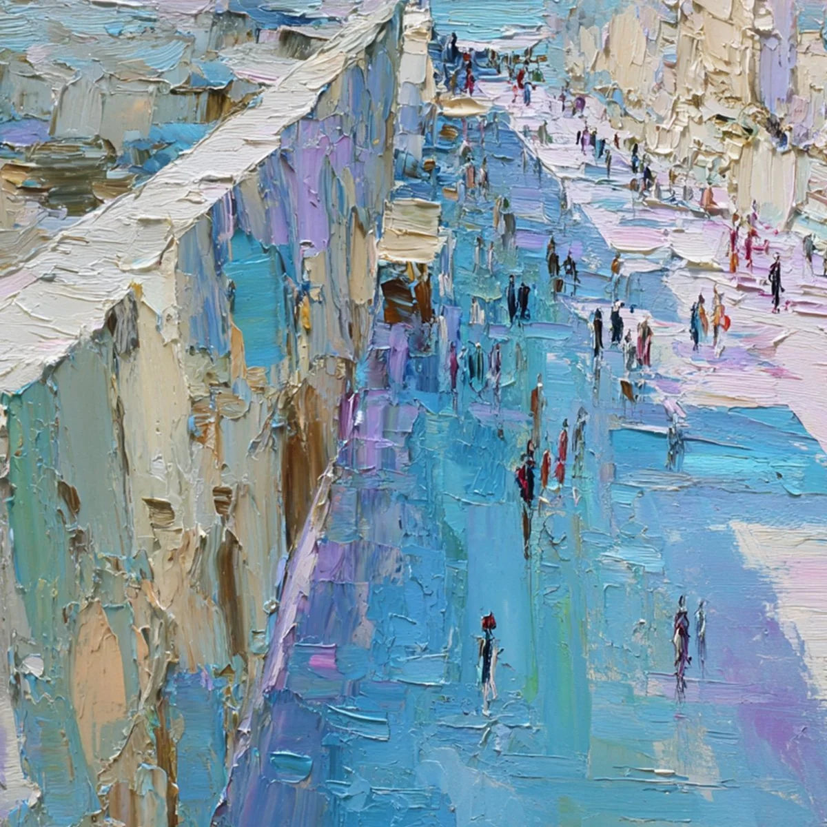 COASTAL PROMENADE: Textured Palette Knife Cityscape Painting of a Seaside Stroll | rolled canvas, ready for custom framing