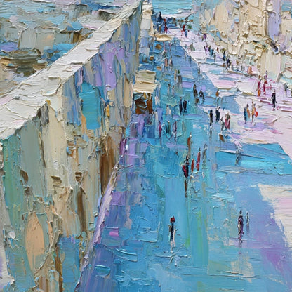 COASTAL PROMENADE: Textured Palette Knife Cityscape Painting of a Seaside Stroll | rolled canvas, ready for custom framing