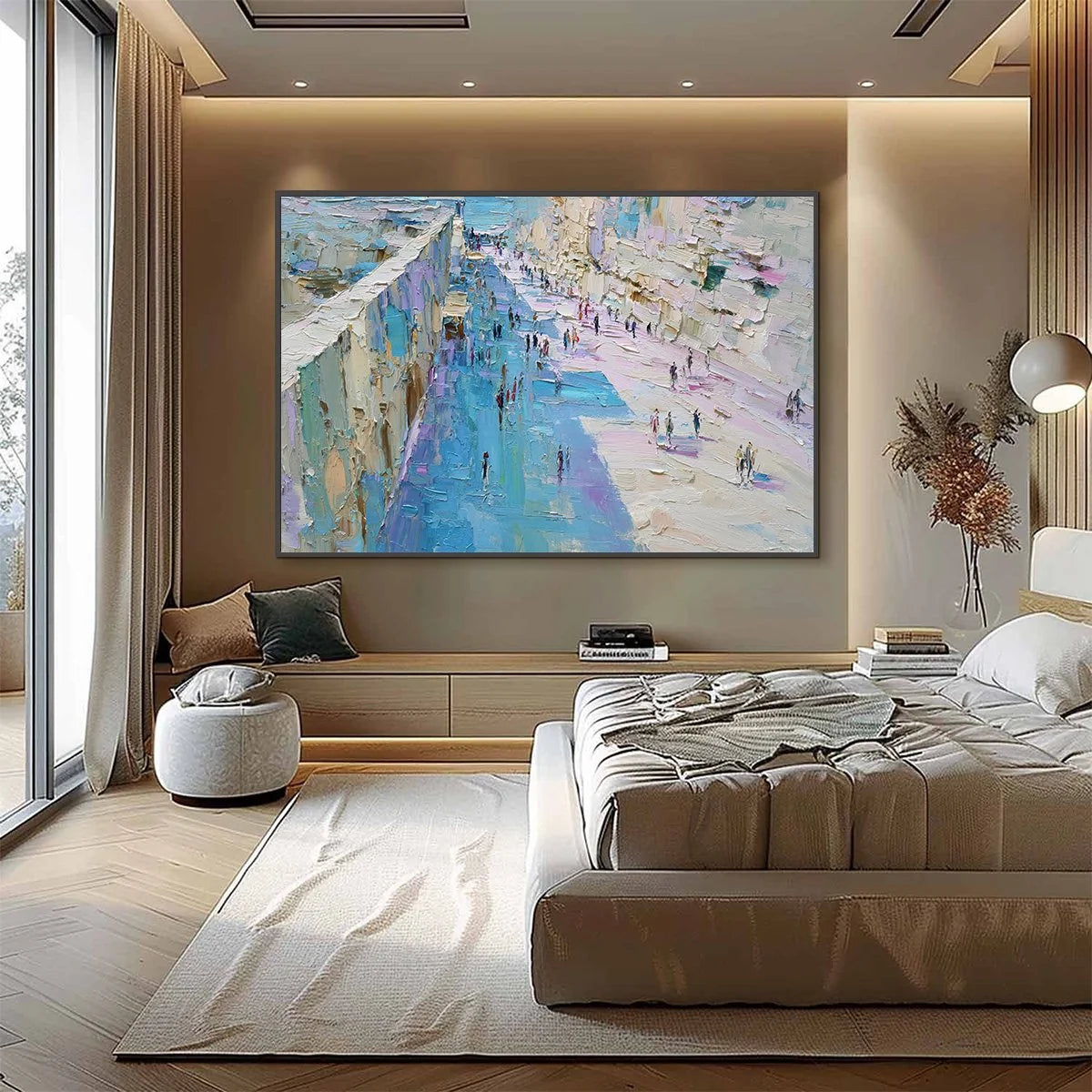 COASTAL PROMENADE: Textured Palette Knife Cityscape Painting of a Seaside Stroll | black frame version on white wall