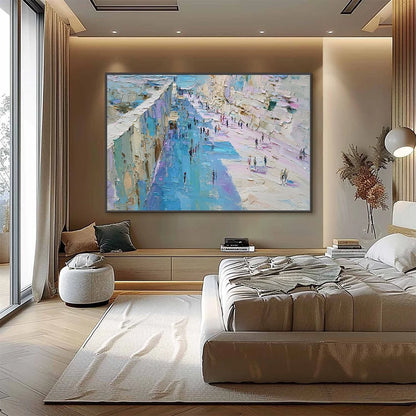 COASTAL PROMENADE: Textured Palette Knife Cityscape Painting of a Seaside Stroll | black frame version on white wall