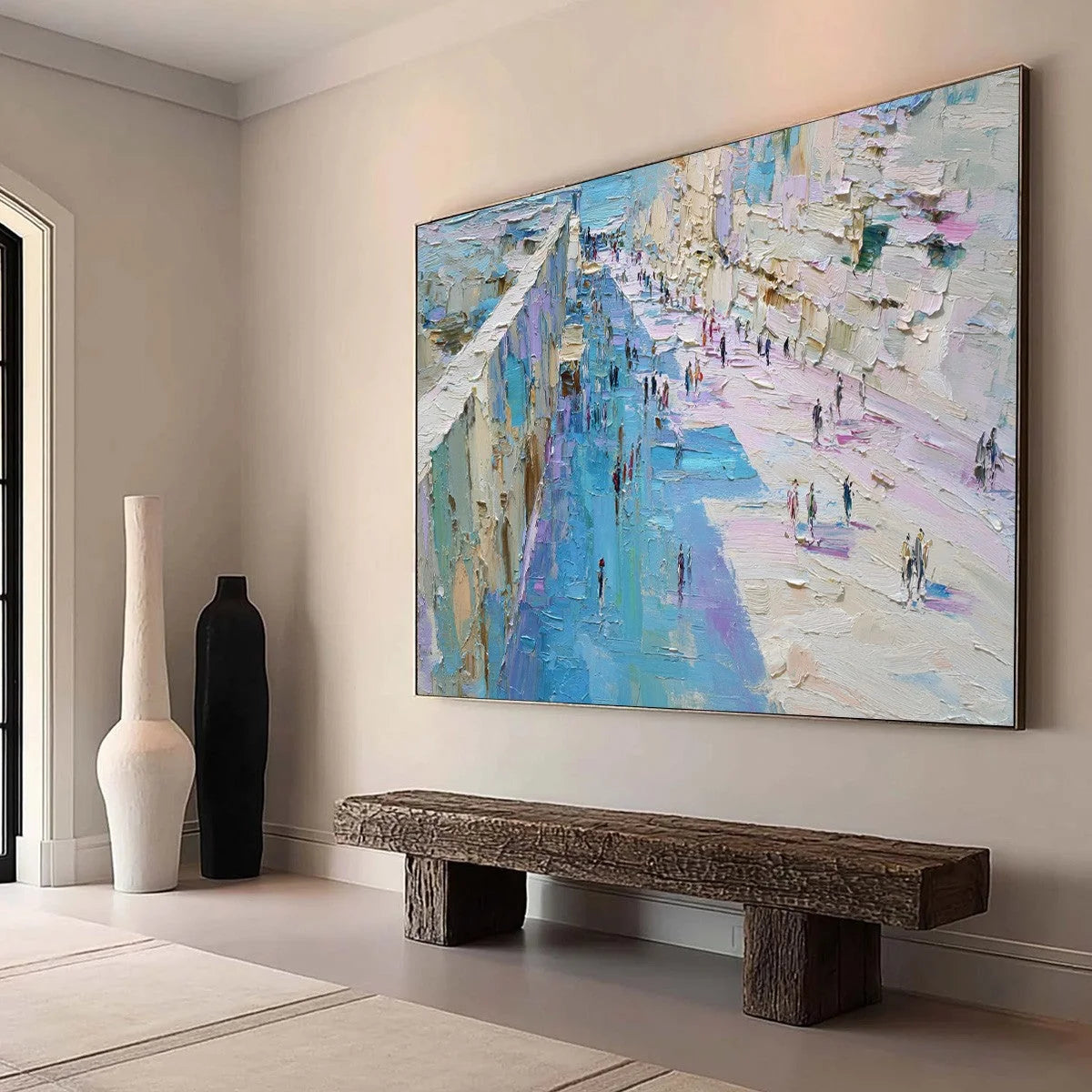COASTAL PROMENADE: Textured Palette Knife Cityscape Painting of a Seaside Stroll | Abstract mood, soft natural light studio shot