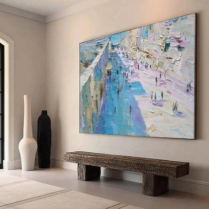 COASTAL PROMENADE: Textured Palette Knife Cityscape Painting of a Seaside Stroll | Abstract mood, soft natural light studio shot