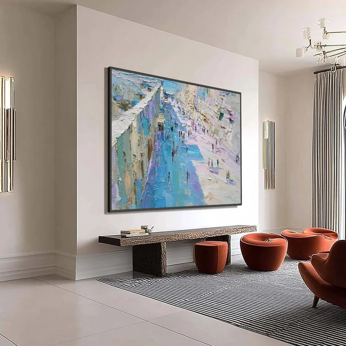 COASTAL PROMENADE: Textured Palette Knife Cityscape Painting of a Seaside Stroll | beige palette, original Hand-painted on premium stretched canvas using artist-grade oils; rich layered surface com...