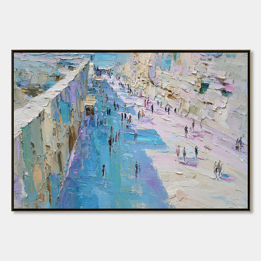 COASTAL PROMENADE: Textured Palette Knife Cityscape Painting of a Seaside Stroll | hanging in COASTAL PROMENADE: Textured Palette Knife Cityscape Painting of a Seaside Stroll featuring layered text...